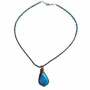 Handmade Apatite Gemstone Necklace, Wire Wrapped Copper Pendant, Black Seed Bead